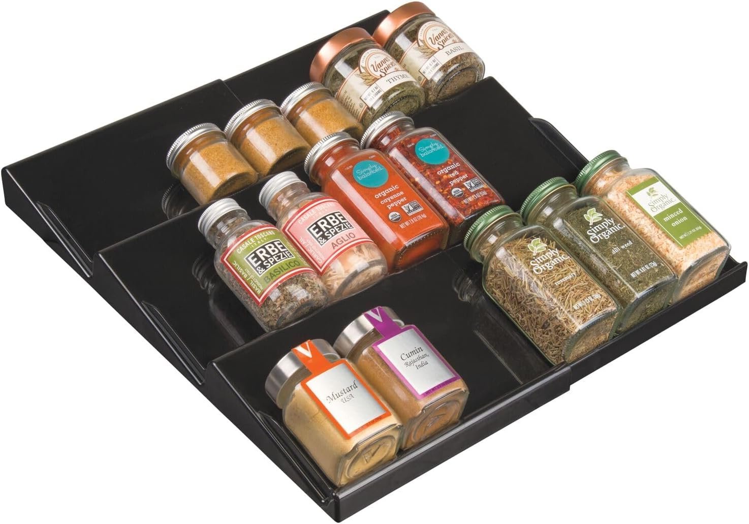 mDesign Expandable Plastic Deluxe Spice Rack, Drawer Organizer for Kitchen Cabinet Drawers, 3 Tier Slanted for Spice Jars, Food Seasoning Bottle Storage, Ligne Collection - Black mDesign Expandable Plastic Deluxe Spice Rack, Drawer Organizer for Kitchen Cabinet Drawers, 3 Tier Slanted for Spice Jars, Food Seasoning Bottle Storage, Ligne Collection - Black