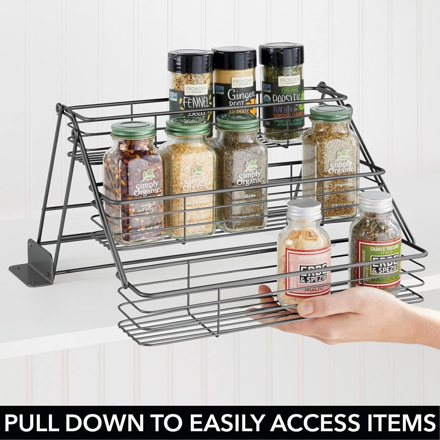 mDesign Metal 3-Tier Pull Down Spice Rack, Easy Reach Retractable Large Capacity Kitchen Storage Shelf Organizer for Cabinet/Pantry, Hold Seasoning Jars, Bottles, Shakers, Linelle Collection, Graphite mDesign Metal 3-Tier Pull Down Spice Rack, Easy Reach Retractable Large Capacity Kitchen Storage Shelf Organizer for Cabinet/Pantry, Hold Seasoning Jars, Bottles, Shakers, Linelle Collection, Graphite