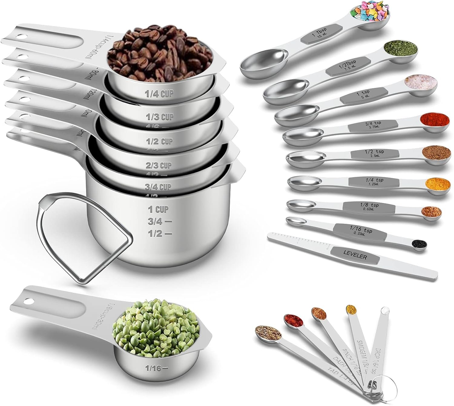 Measuring Cups and Magnetic Measuring Spoons Set, Wildone Stainless Steel 7 Measuring Cups, 8 Double Sided Stackable Magnetic Measuring Spoons, 1 Leveler  5 Mini Spoons - 21 Piece