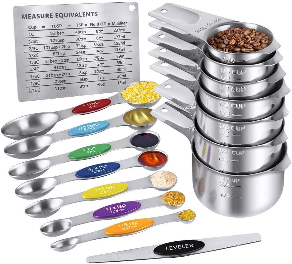 Measuring Cups and Measuring Spoons Set,QtoiKce Stainless Steel 7 Measure Cups and 7 Colorful Magnetic Measure Spoons,1 Leveler  1 Conversion Chart for Dry and Liquid Ingredient