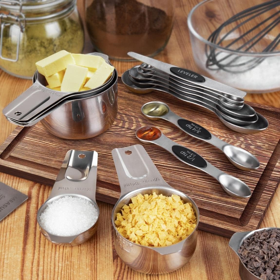 Measuring Cups Set and Magnetic Measuring Spoons Set,QtoiKce 18/8 Stainless Steel 7 Measure Cups and 7 Magnetic Measure Spoons,1 Leveler  1 Conversion Chart for Dry and Liquid Ingredient