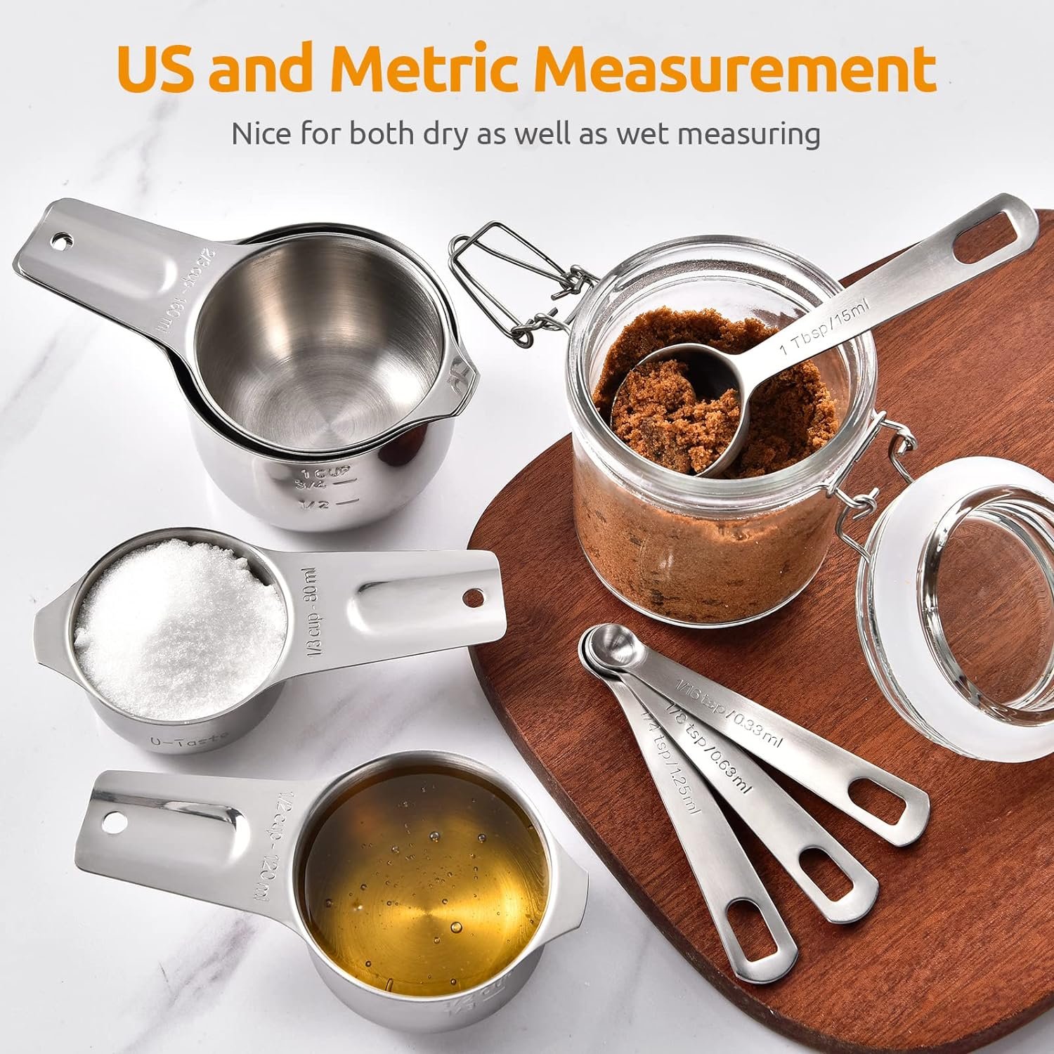 Measuring Cups, U-Taste Measuring Cups and Spoons Set of 15 in 18/8 Stainless Steel : 7 Measuring Cups and 7 Measuring Spoons with 2 D-Rings and 1 Professional Magnetic Measurement Conversion Chart