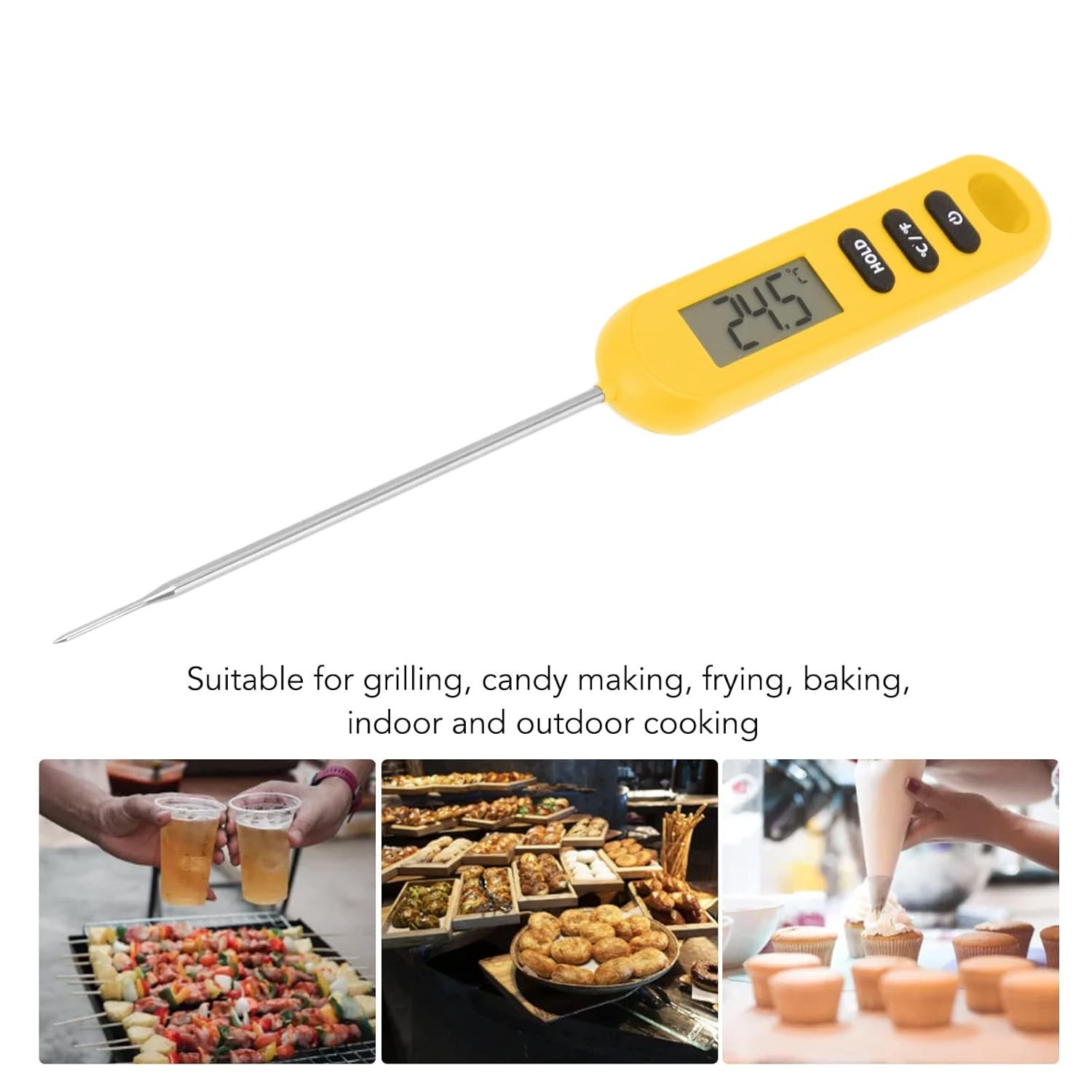 Meat Food Candy Thermometer, Digital Calibration Function Fast Reading Cooking Thermometer with Hanging Hole for Home Baking (Orange)