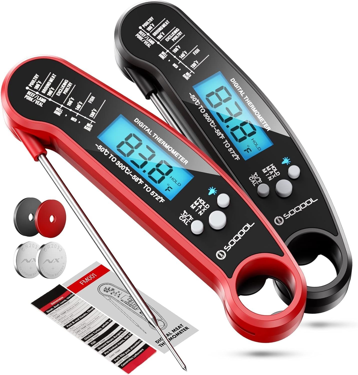 Meat Thermometer Digital, SOQOOL Instant Read Food Thermometers for Kitchen Cooking with Probe, Backlight, Magnet, Waterproof, for Candy, Grill BBQ, Oil Deep Fry, Baking,Turkey  Liquids(2 Pack) Meat Thermometer Digital, SOQOOL Instant Read Food Thermometers for Kitchen Cooking with Probe, Backlight, Magnet, Waterproof, for Candy, Grill BBQ, Oil Deep Fry, Baking,Turkey  Liquids(2 Pack)