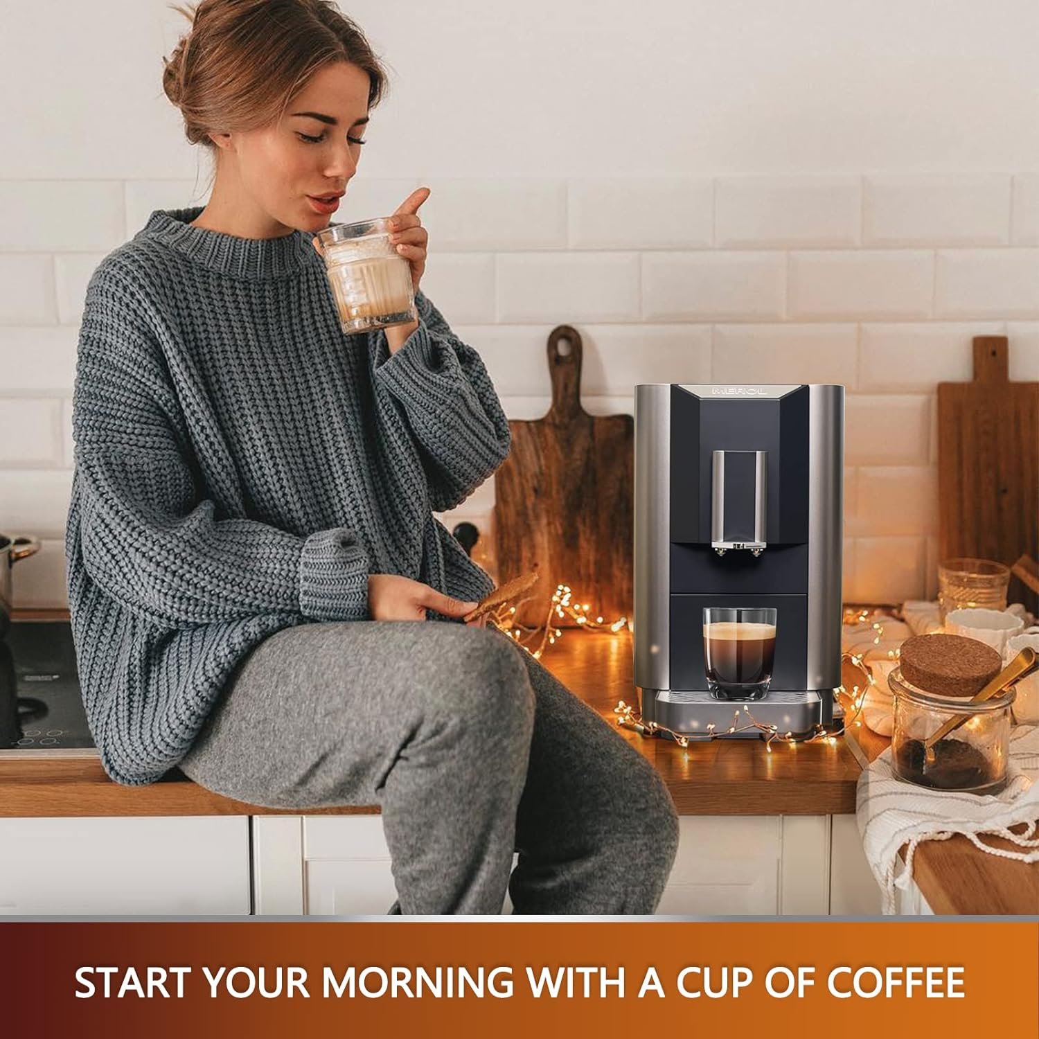 MEROL Super Automatic Espresso Coffee Machine, 19 Bar Barista Pump Coffee Maker with Adjustable Grinder, Touch Screen, Silver, Christmas Gift