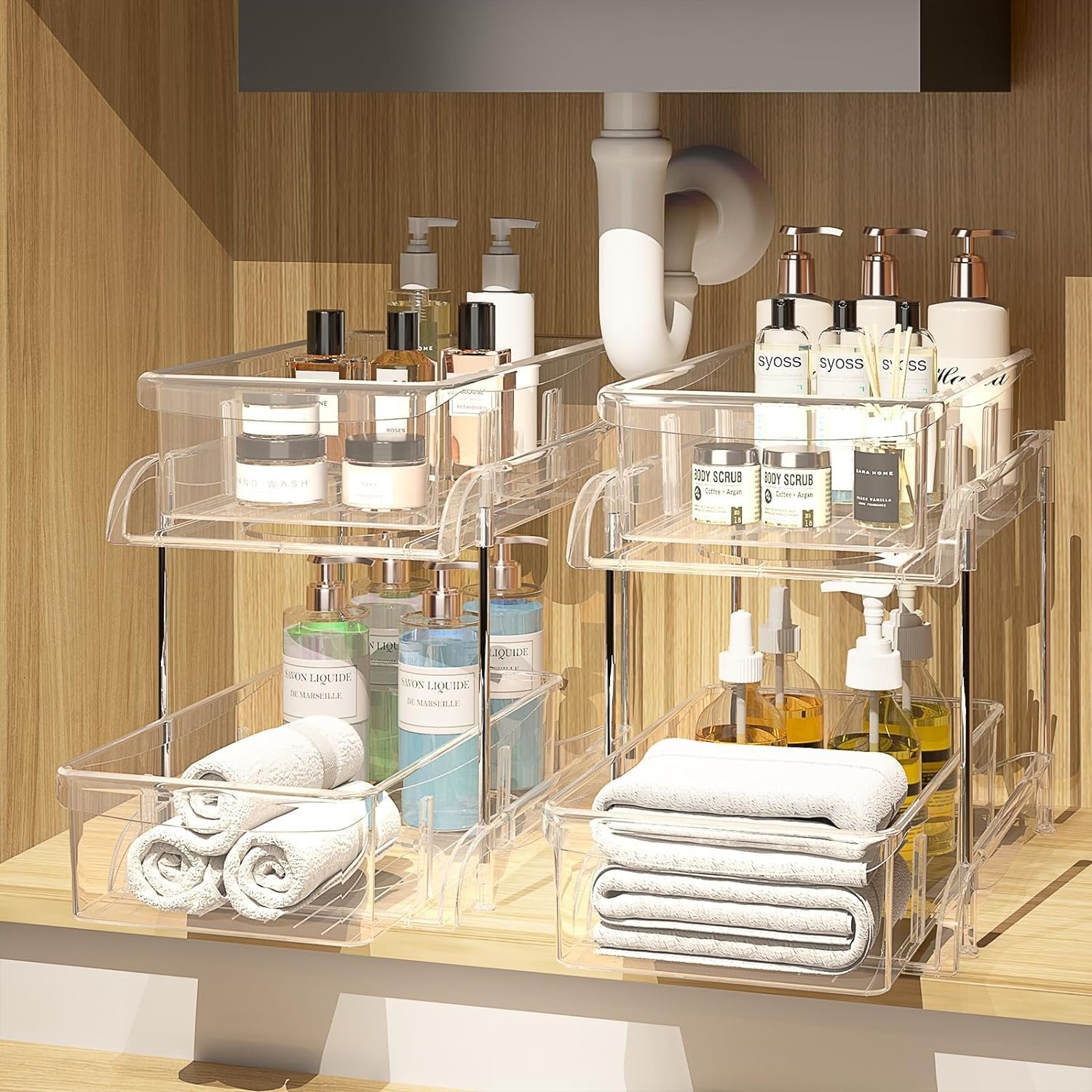 MHHA 2 Pack Bathroom Cabinet Organizer, 2 Tier Clear Under Sink Organizers and Storage Medicine Cabinet Organizer with Dividers, Pull Out Kitchen Pantry Shelf Cupboard Closet Vanity Organization Bins MHHA 2 Pack Bathroom Cabinet Organizer, 2 Tier Clear Under Sink Organizers and Storage Medicine Cabinet Organizer with Dividers, Pull Out Kitchen Pantry Shelf Cupboard Closet Vanity Organization Bins