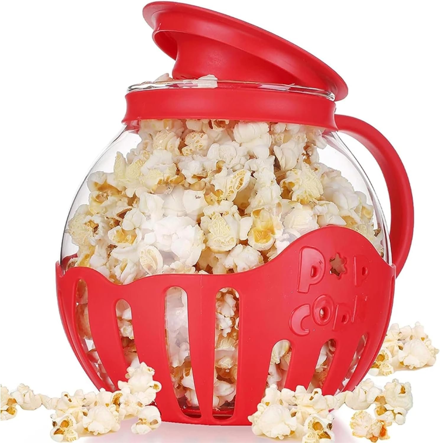 Microwave Popcorn Popper | Crafted With Borosilicate Glass | 3 in 1 Lid | Silicone Exterior  Lid Ensures Secure Grip | Microwave Popcorn Maker | 1.50 Quart | Silicone Popcorn Popper | Red