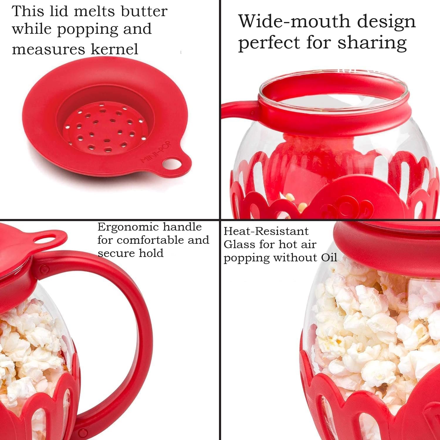 Microwave Popcorn Popper | Crafted With Borosilicate Glass | 3 in 1 Lid | Silicone Exterior  Lid Ensures Secure Grip | Microwave Popcorn Maker | 1.50 Quart | Silicone Popcorn Popper | Red