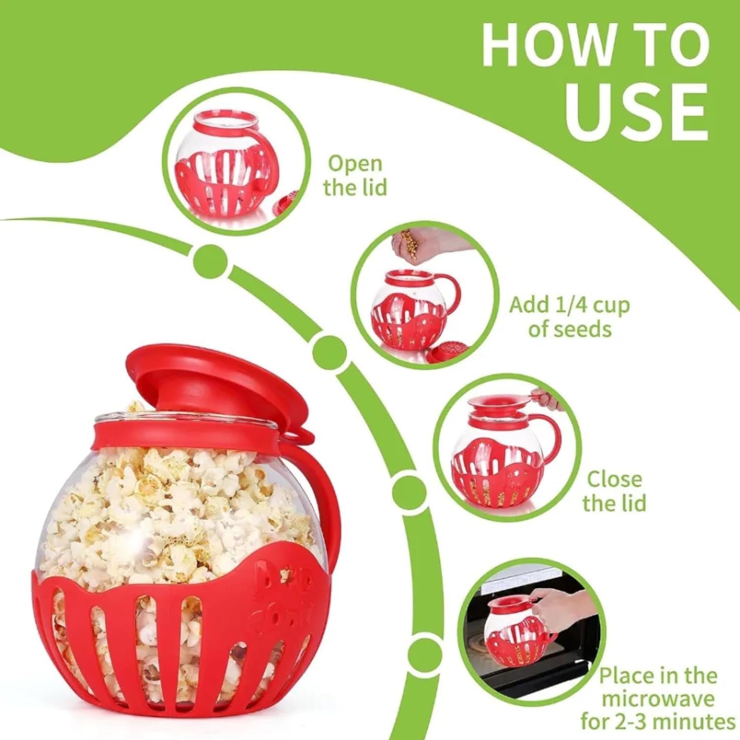 Microwave Popcorn Popper | Crafted With Borosilicate Glass | 3 in 1 Lid | Silicone Exterior  Lid Ensures Secure Grip | Microwave Popcorn Maker | 1.50 Quart | Silicone Popcorn Popper | Red