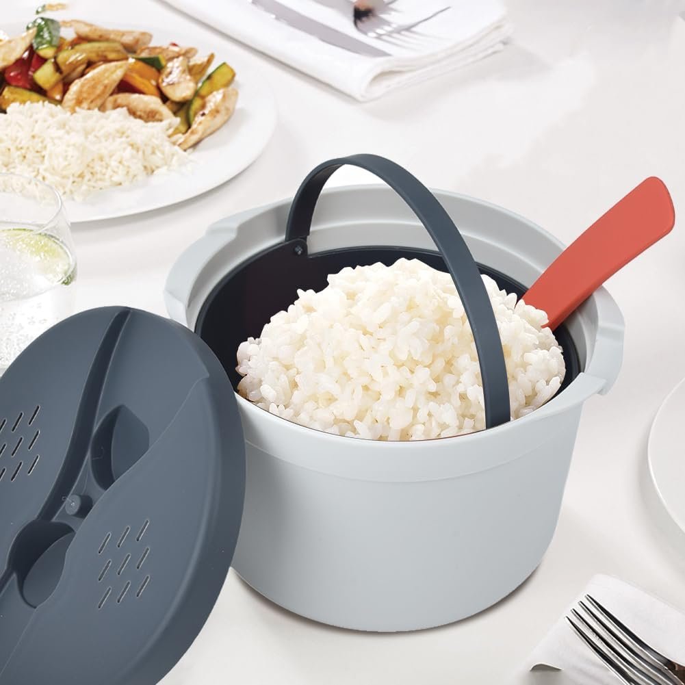 Microwave Rice Cooker, 2 L Pasta Cooker Microwaveable Food Grade PP Microwave Pressure Steamer Cooker Spoon Lid Strainer Non stick Steaming Pot Rice Cooke Cookware for Home Meal Prep Cooker