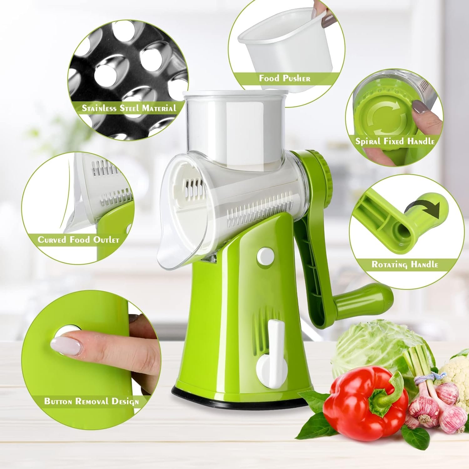 Midyb Cheese Grater with Handle, Rotary Cheese Graters Shredder with 5 Interchangeable Blades, Mandoline Vegetables Slicer Strong Suction Base for Fruit, Vegetables, Nuts, Easy to Clean