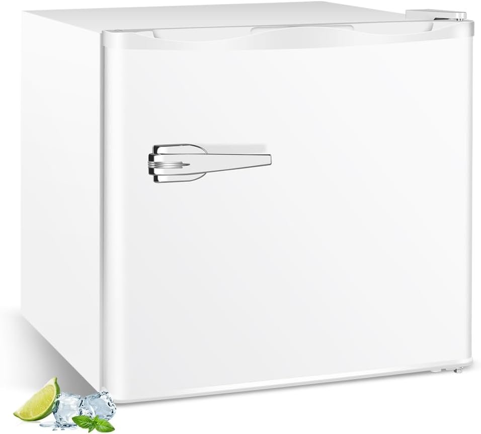 Mini Freezer 1.2 Cu.ft by R.W.FLAME, Upright Compact Freezer with Removable Shelf and Adjustable Temperature Control, Single Door Freestanding Freezer, Small Freezer for Home/Office/Apartment (White)