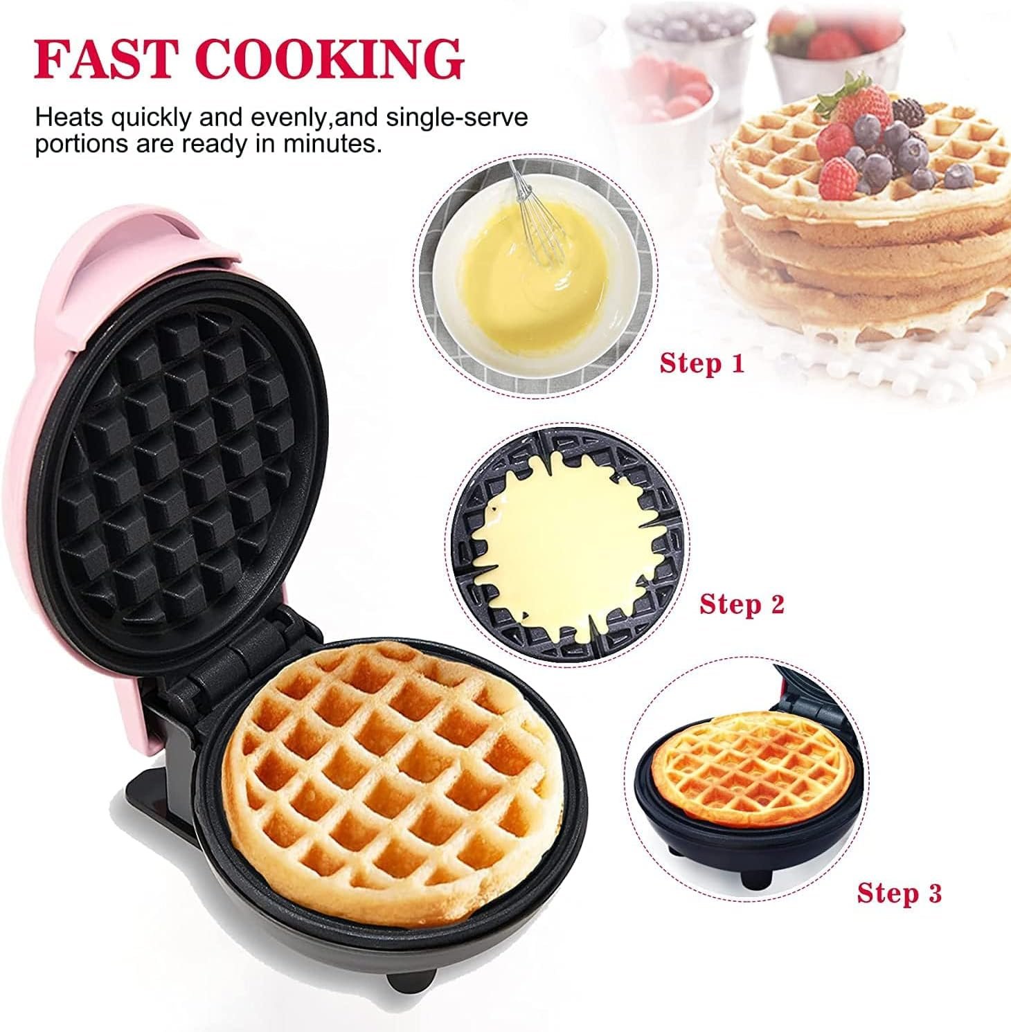 Mini Maker Waffle Maker 5“ Non-Stick Waffler Iron Stuffler Stuffed Wafflera Adjustable Browning Control, Heart, Pink