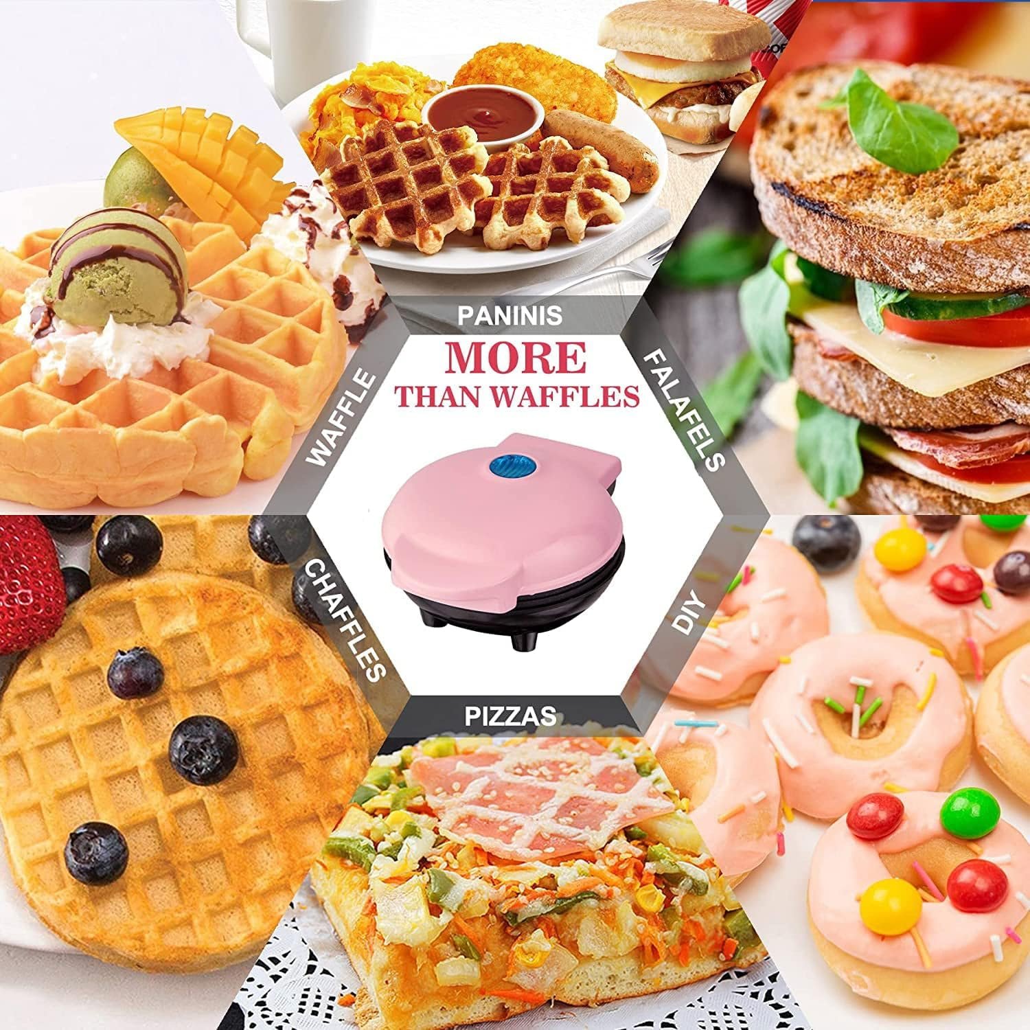 Mini Maker Waffle Maker 5“ Non-Stick Waffler Iron Stuffler Stuffed Wafflera Adjustable Browning Control, Heart, Pink