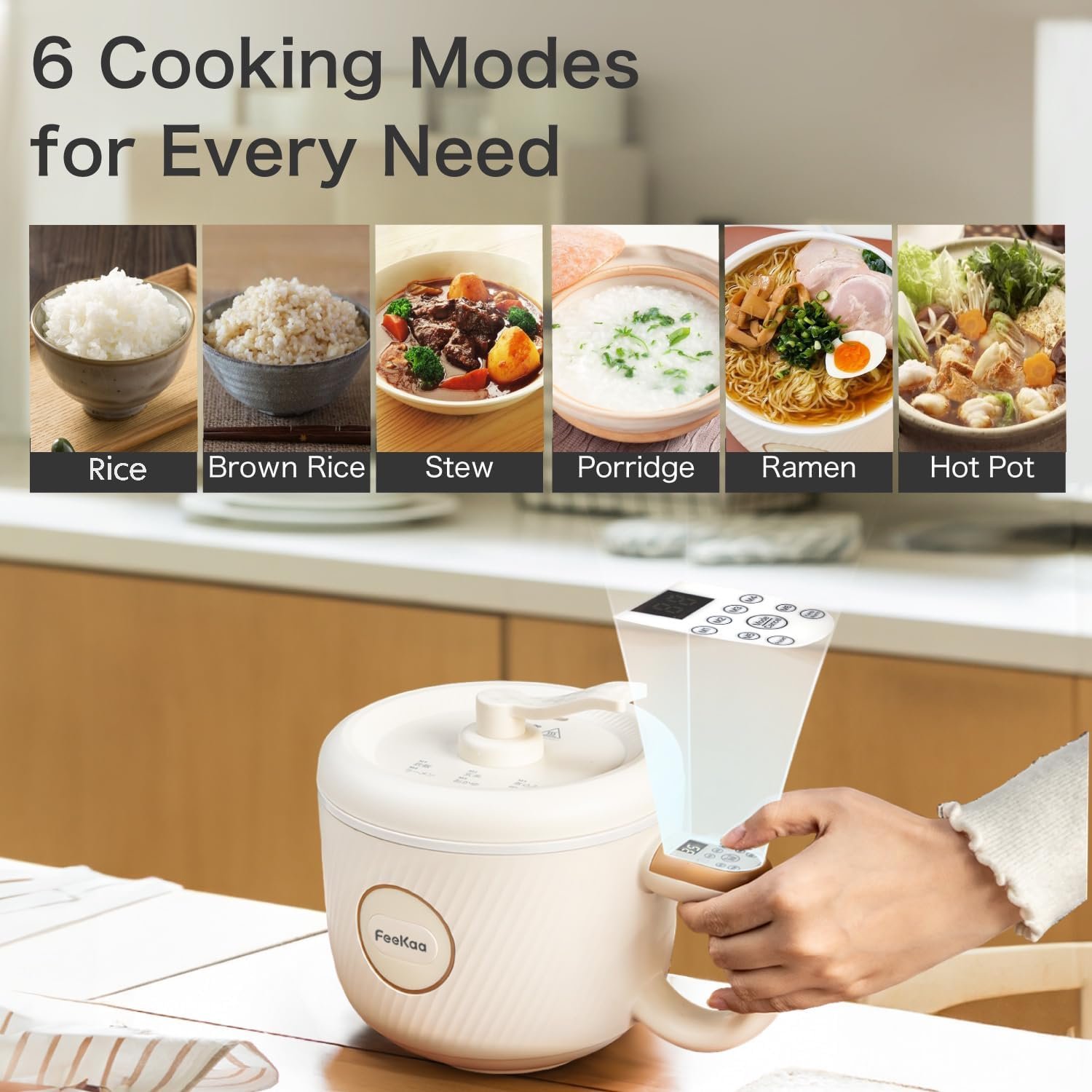 Mini Rice Cooker 2 Cup, Feekaa Rice Cooker Small 1.2L, Small Removable Electric Rice Cooker for 1-2 people, 6 Modes Rice Cooker for White Rice, Brown Rice, Stew, Ramen, Porridge, Hot Pot