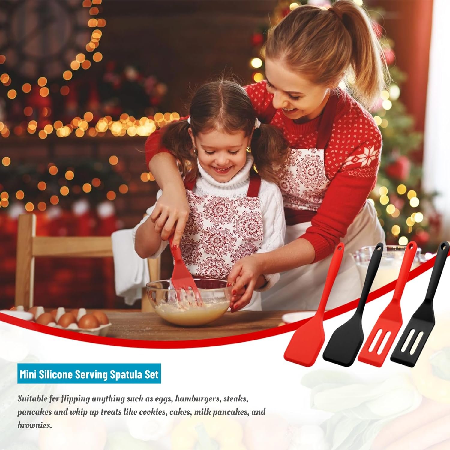 Mini Silicone Brownie Serving Spatula Set Flexible Non Stick Serve Turner Heat Resistant Cooking Spatula for Flip Eggs Crepe Steak Pizza Kitchen Utensil (Red, Black)