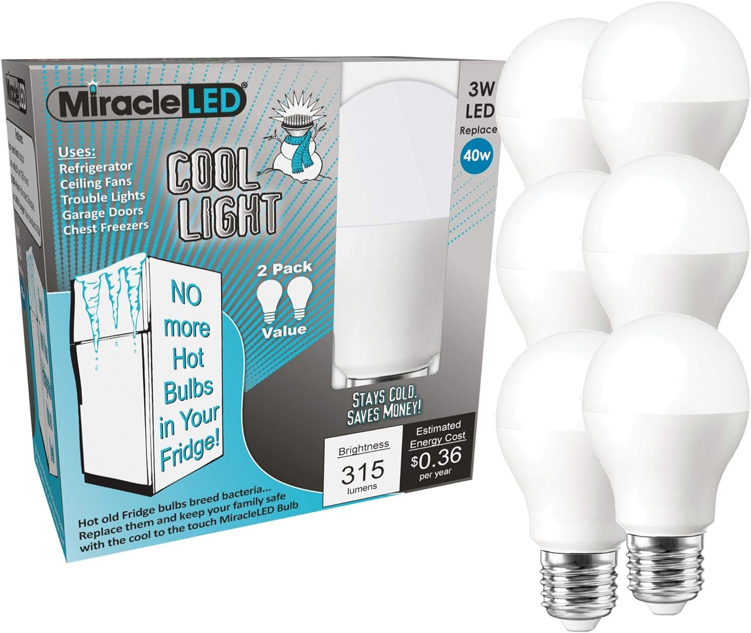 Miracle LED 3W Refrigerator and Freezer Bulb, Replacing 40W, 6-Pack