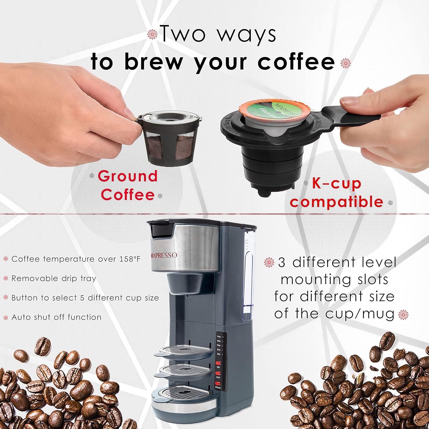 Mixpresso Single Serve Coffee Brewer K-Cup Pods Compatible  Ground Coffee, 30 oz Compact Coffee Maker Single Serve With 5 Brew Sizes Up To 14 Oz, Fits Travel Mug, Adjustable Drip Tray, Black