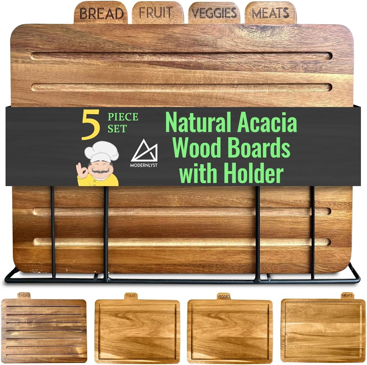 Modernlyst Wood Cutting Boards for Kitchen with Holder Stand | Labeled Tabs on Each Board | Modern Wooden Cutting Board Set | Organized and Clean Chopping Everyday | Large Acacia Set of 4