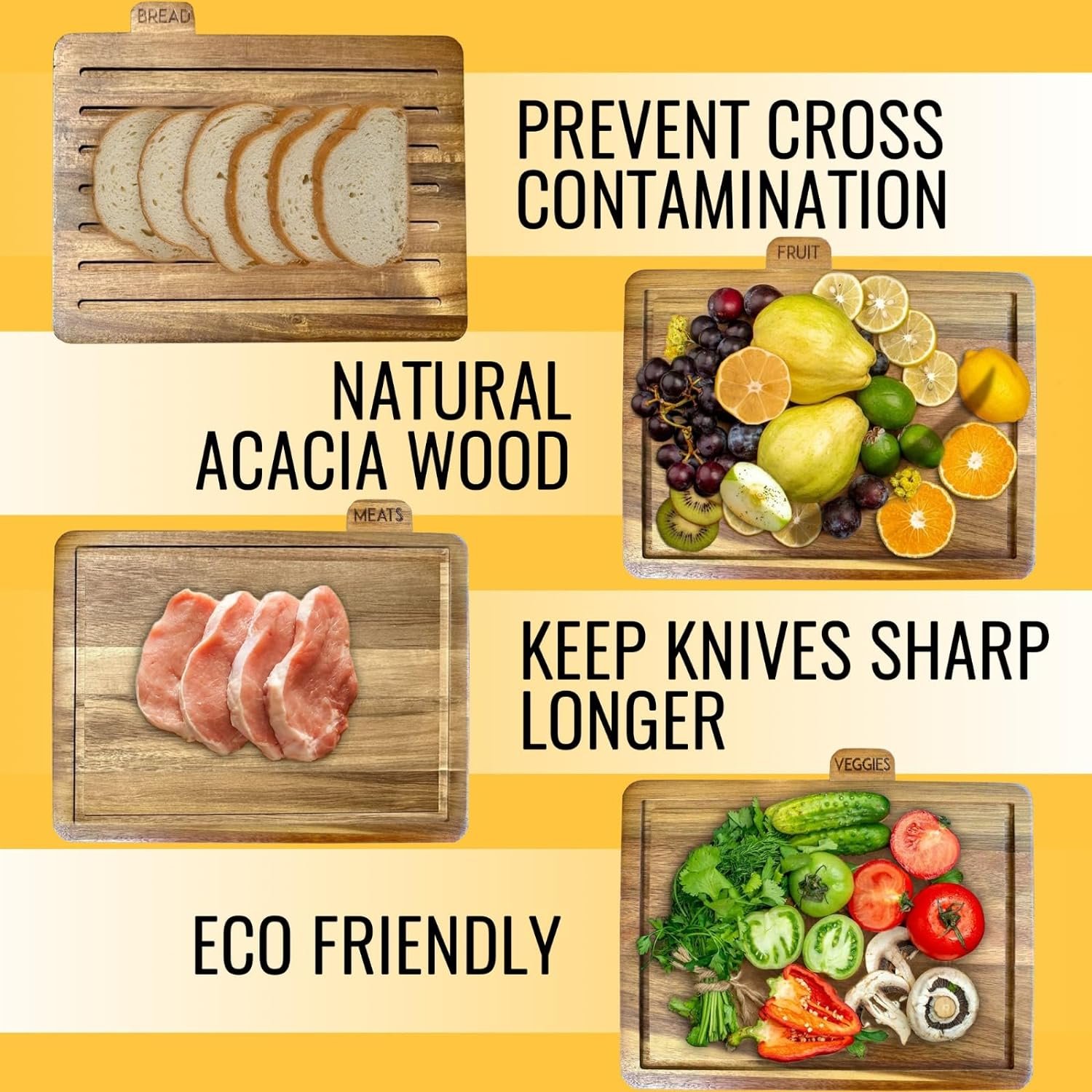 Modernlyst Wood Cutting Boards for Kitchen with Holder Stand | Labeled Tabs on Each Board | Modern Wooden Cutting Board Set | Organized and Clean Chopping Everyday | Large Acacia Set of 4