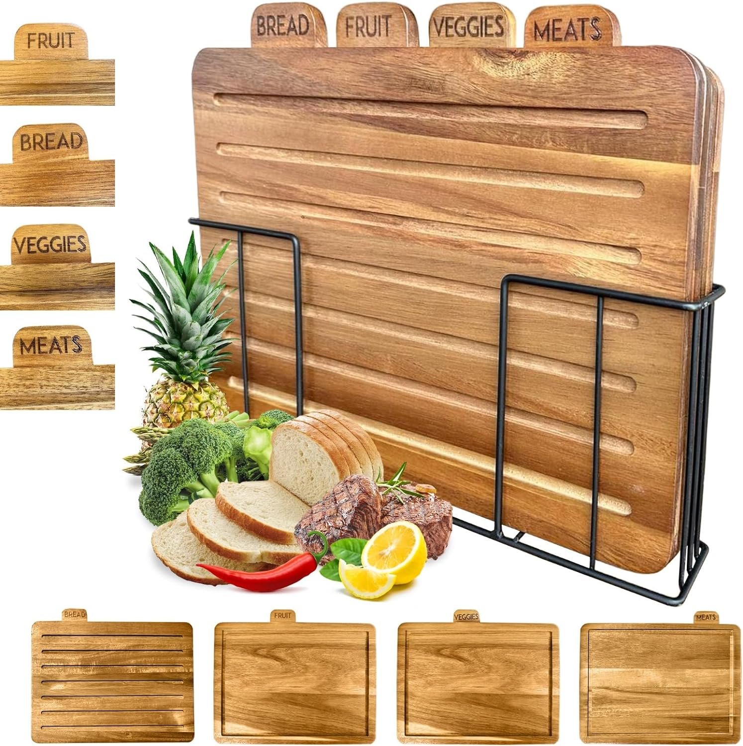 Modernlyst Wood Cutting Boards for Kitchen with Holder Stand | Labeled Tabs on Each Board | Modern Wooden Cutting Board Set | Organized and Clean Chopping Everyday | Large Acacia Set of 4