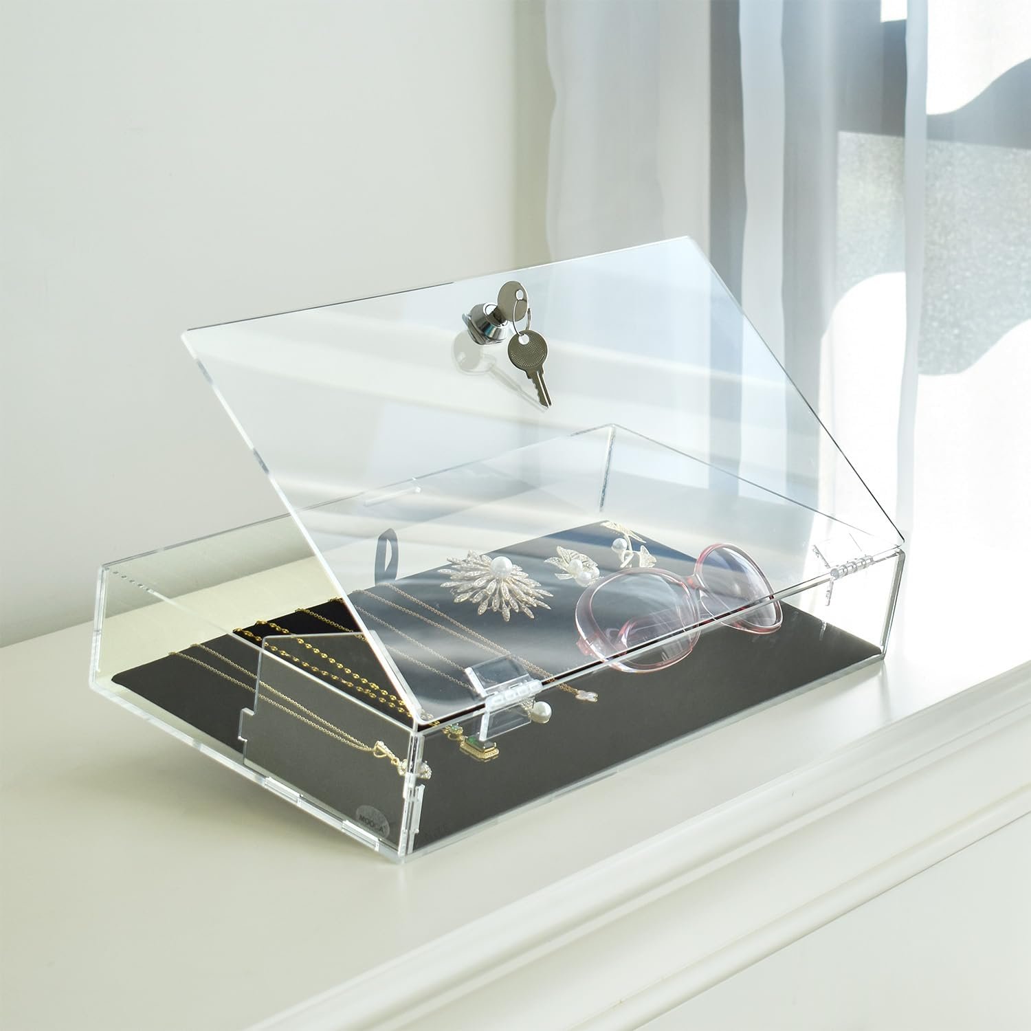 MOOCA Acrylic Rectangular Marketing Holder Locking Security Showcase Safe Box Display Tray, Perfect for Watches Jewelry, Knives, Eyewear with a Key and a Black Padding MOOCA Acrylic Rectangular Marketing Holder Locking Security Showcase Safe Box Display Tray, Perfect for Watches Jewelry, Knives, Eyewear with a Key and a Black Padding