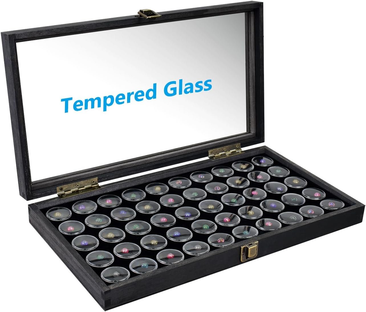 MOOCA Tempered Glass Top Black Jewelry Display Case Box 50 Gem Jars, Ring Box, Jewelry Organizer, Gem jar storage, Jewelry storage Black Tray with Gem Jar, 15 W x 8.5 D x 2 H in