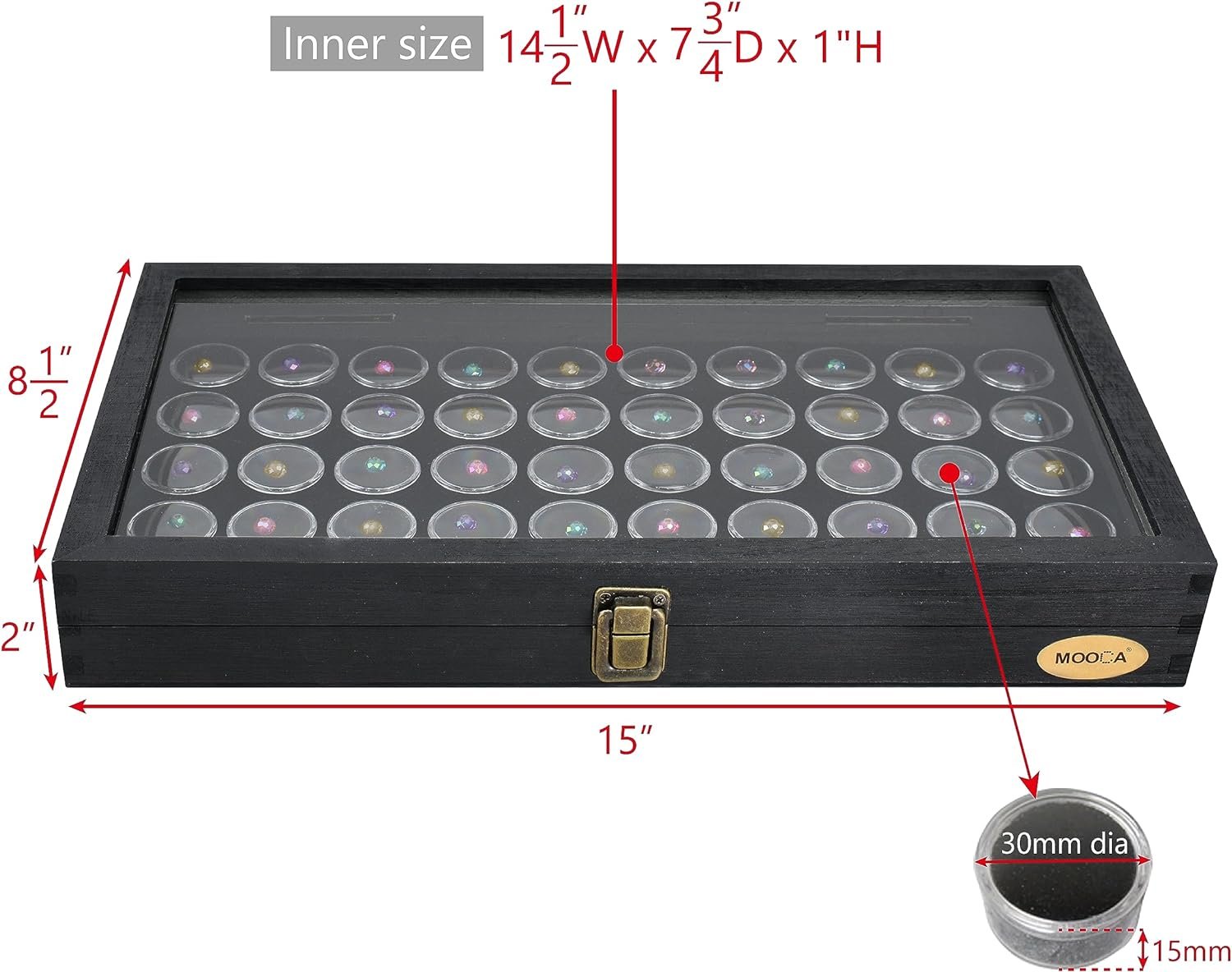 MOOCA Tempered Glass Top Black Jewelry Display Case Box 50 Gem Jars, Ring Box, Jewelry Organizer, Gem jar storage, Jewelry storage Black Tray with Gem Jar, 15 W x 8.5 D x 2 H in