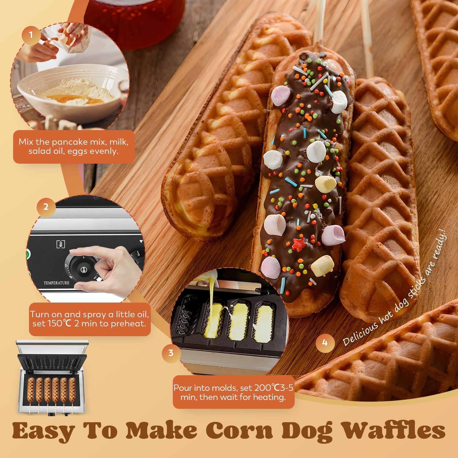 Moongiantgo Commercial Corn Dog Waffle Maker Machine 6 PCS 1550W Waffles on a Stick Maker Stainless Steel, 50-300℃ Temp Control, 5-min Timer Waffle Dog Maker 110V(White)
