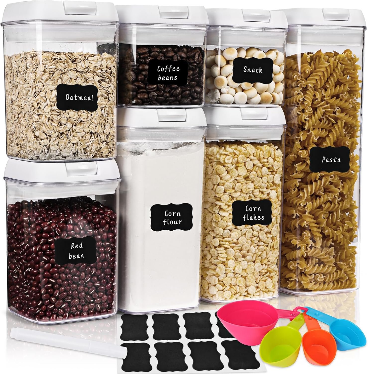 Moretoes 7 Pack Pantry Organizers and Storage, Airtight Food Storage Containers with Lids, Measuring Spoons and Labels, Clear Plastic Containers for Kitchen Pantry Organization (White) Moretoes 7 Pack Pantry Organizers and Storage, Airtight Food Storage Containers with Lids, Measuring Spoons and Labels, Clear Plastic Containers for Kitchen Pantry Organization (White)
