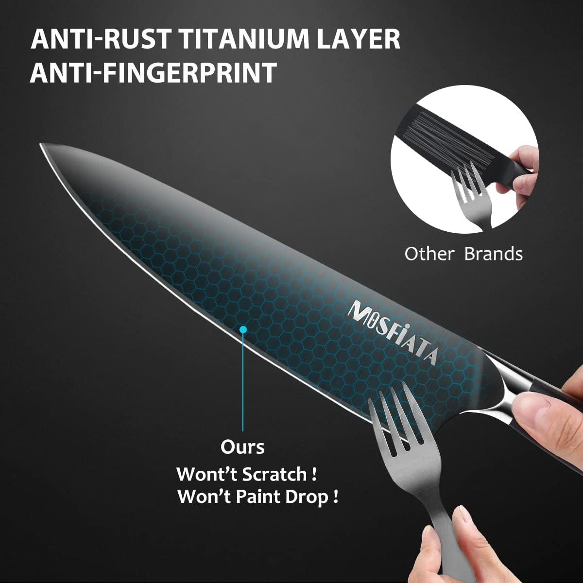 MOSFiATA 8” Super Sharp Titanium Plated Chefs Knife for Kitchen with Finger Guard and Knife Sharpener in Gift Box, High Carbon German Stainless Steel EN1.4116 Titanium Coated Stylish Cooking Knife