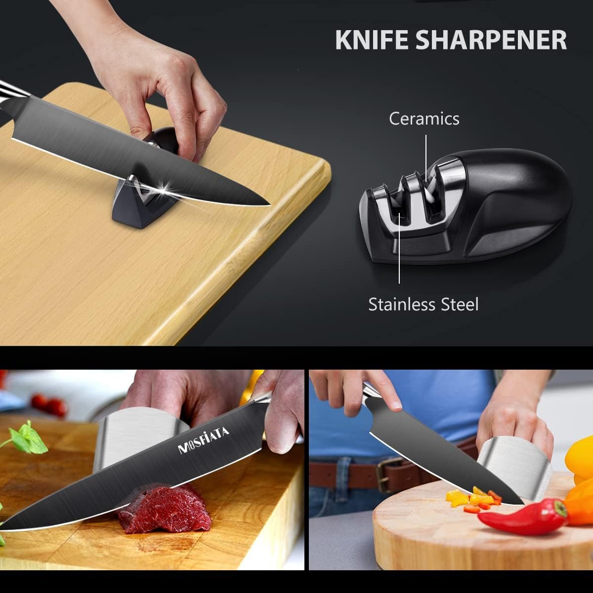 MOSFiATA 8” Super Sharp Titanium Plated Chefs Knife for Kitchen with Finger Guard and Knife Sharpener in Gift Box, High Carbon German Stainless Steel EN1.4116 Titanium Coated Stylish Cooking Knife