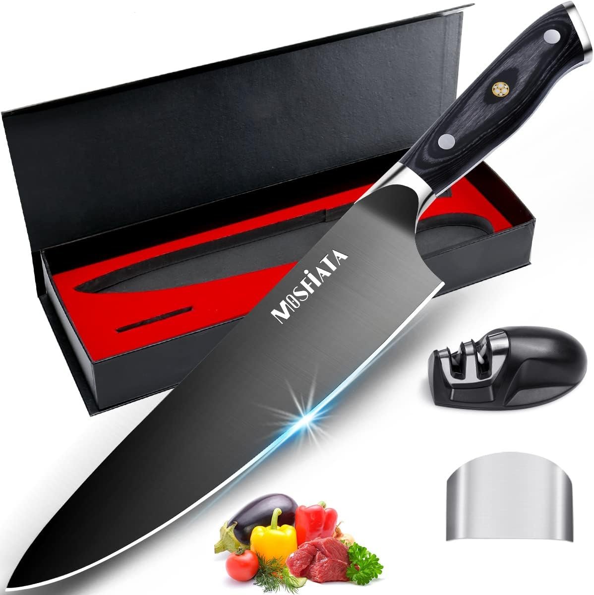 MOSFiATA 8” Super Sharp Titanium Plated Chefs Knife for Kitchen with Finger Guard and Knife Sharpener in Gift Box, High Carbon German Stainless Steel EN1.4116 Titanium Coated Stylish Cooking Knife