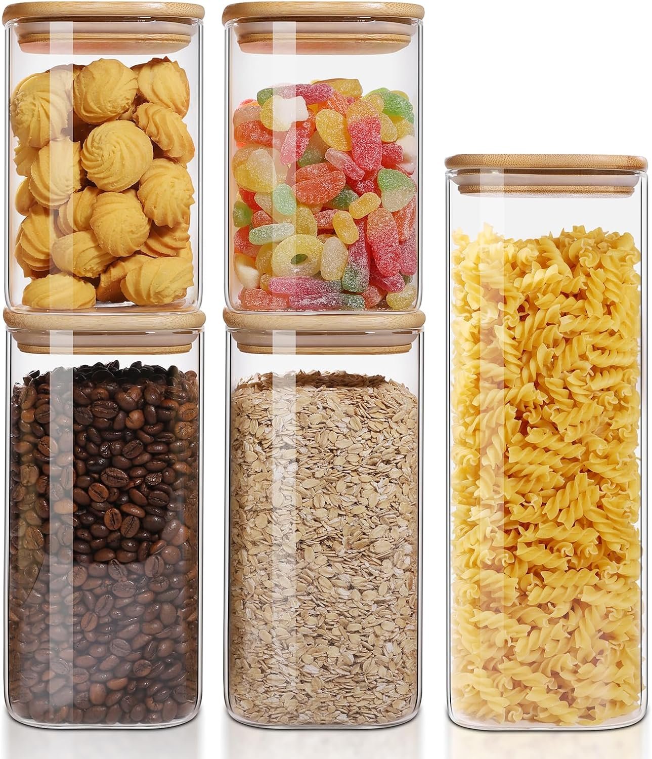 Mrany Glass Storage Containers with Lids Set Of 5, Clear Food Jars Fits for Pantry, Coffee Bar, Square Airtight Canisters for Organizer Pasta, Sugar, Cerea, Coffee Bean Mrany Glass Storage Containers with Lids Set Of 5, Clear Food Jars Fits for Pantry, Coffee Bar, Square Airtight Canisters for Organizer Pasta, Sugar, Cerea, Coffee Bean