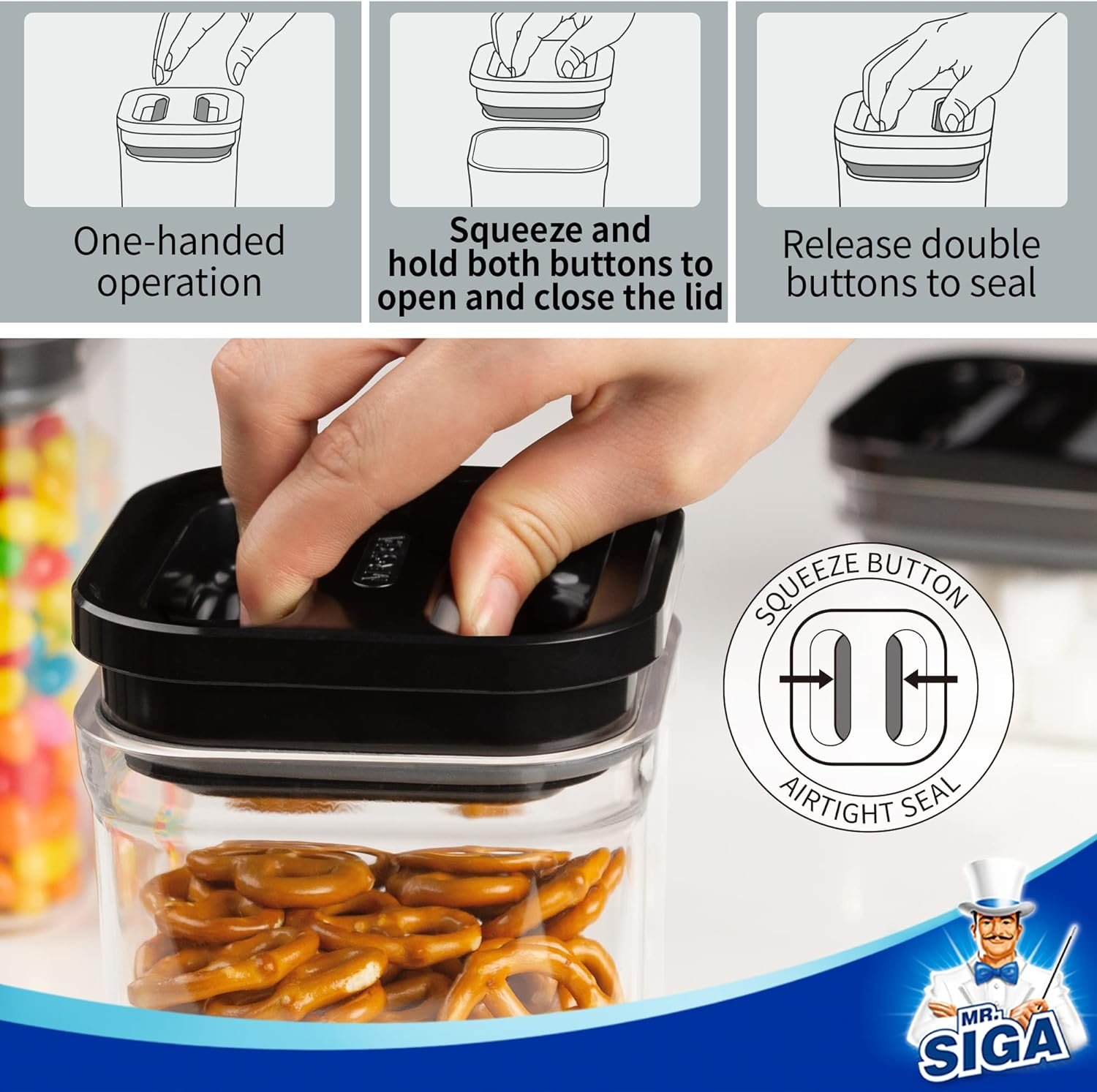 MR.SIGA 4 Pack Airtight Food Storage Container Set, BPA Free Kitchen Pantry Organization Canisters, One-handed Airtight Cereal Snack Candy Storage Containers, 1 L / 34oz, Medium, Black MR.SIGA 4 Pack Airtight Food Storage Container Set, BPA Free Kitchen Pantry Organization Canisters, One-handed Airtight Cereal Snack Candy Storage Containers, 1 L / 34oz, Medium, Black
