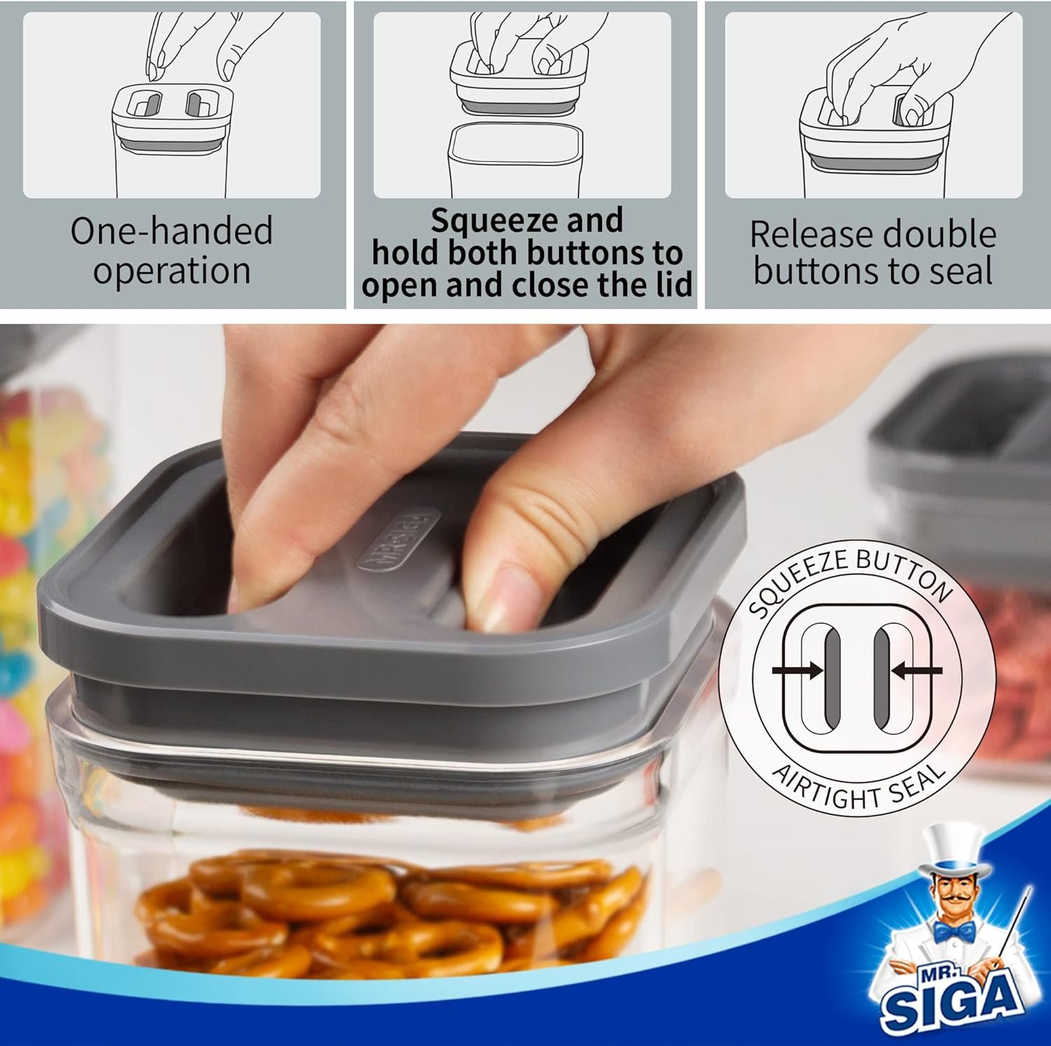 MR.SIGA 6 Piece Airtight Food Storage Container Set, BPA Free Kitchen Pantry Organization Canisters, One-handed Kitchen Storage Containers for Cereal, Spaghetti, Pasta, Gray