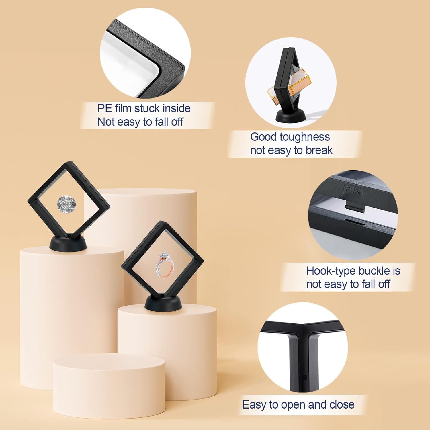 Msoesticc.dl 24Pcs 3D Floating Display Case, Transparent PE Film Jewelry Storage Box for Ring Earring Necklace Bracelet - Dustproof  Portable (3.5 x 3.5 x 0.8 Inches)