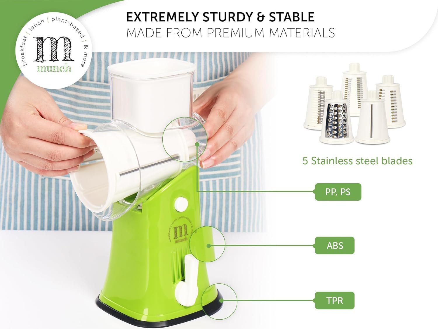 Munch Rotary Cheese Grater - Cheese Shredder with Handle 5 Stainless Steel Blades - Manuel Rotating Cheese Grinder - Potato Vegetable Grater Munch Rotary Cheese Grater - Cheese Shredder with Handle 5 Stainless Steel Blades - Manuel Rotating Cheese Grinder - Potato Vegetable Grater