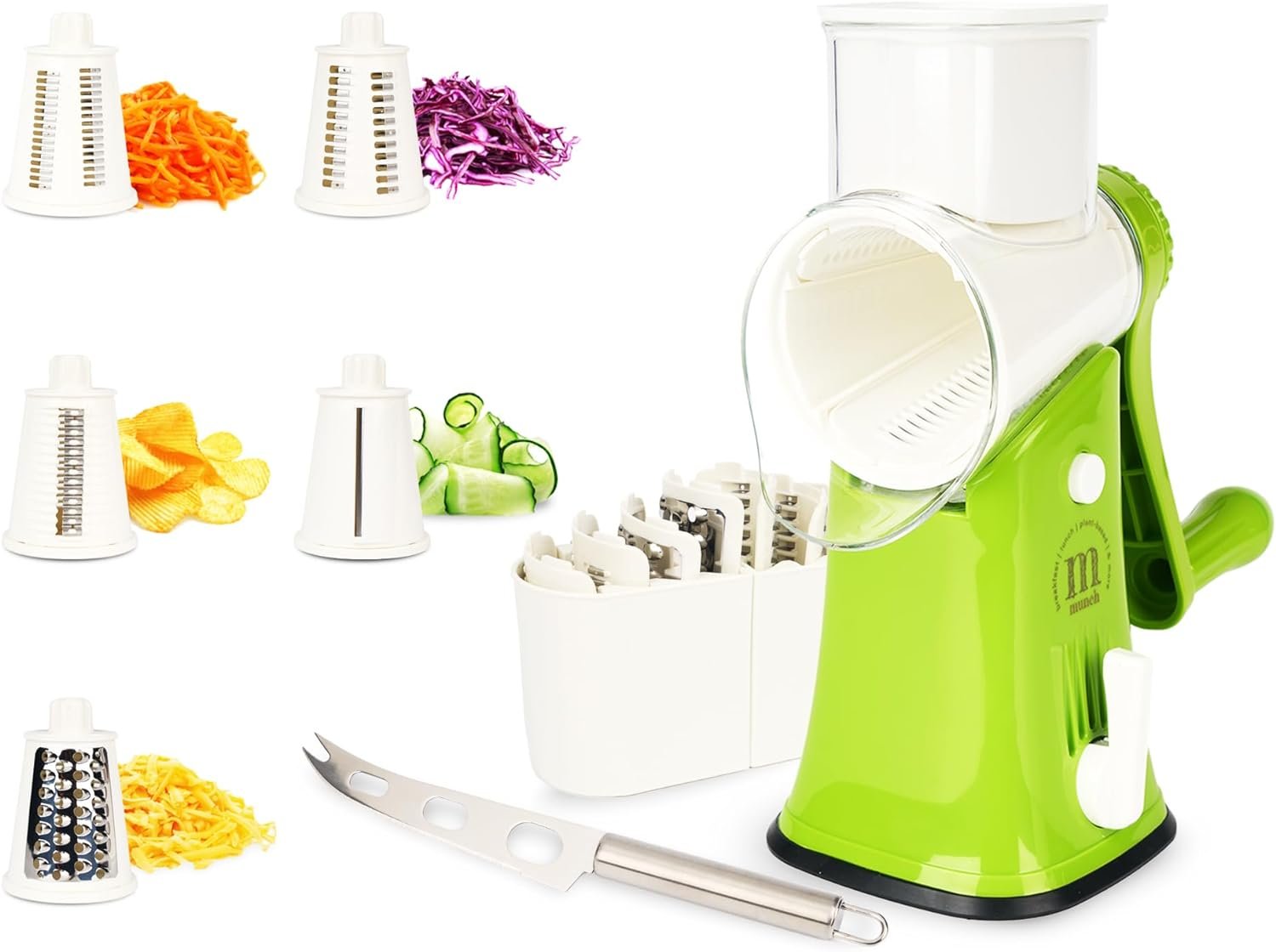 Munch Rotary Cheese Grater - Cheese Shredder with Handle 5 Stainless Steel Blades - Manuel Rotating Cheese Grinder - Potato Vegetable Grater Munch Rotary Cheese Grater - Cheese Shredder with Handle 5 Stainless Steel Blades - Manuel Rotating Cheese Grinder - Potato Vegetable Grater