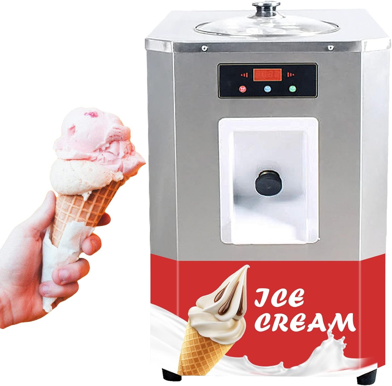 Mvckyi Commercial 28L/H Countertop Hard Ice Cream Machine, High Expansion Rate Gelato Hard Serve Ice Cream Maker, Cooling Rapidly Frozen Fruit Yogurt Italian Ice Maker with Transparent Glass Lid