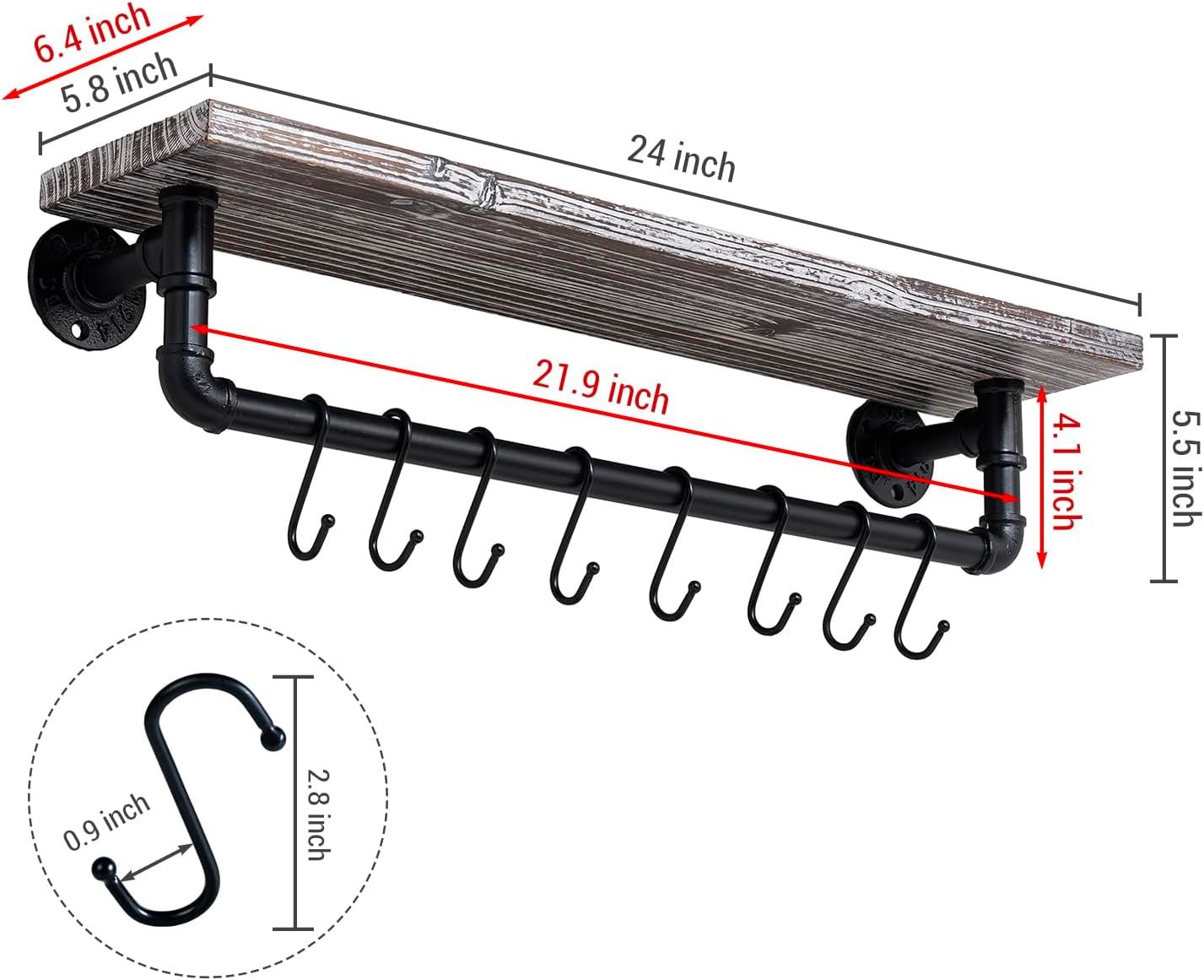 MyGift Wall Mounted Kitchen Pot Rack, Rustic Torched Wood Floating Display Shelf and Industrial Matte Black Metal Pipe Towel Bar and Hanging Cooking Pots and Pans Organizer with 8 S-Hooks