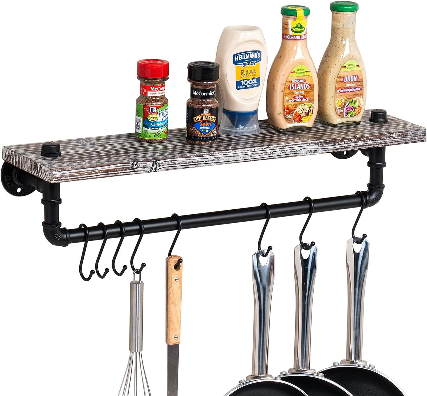 MyGift Wall Mounted Kitchen Pot Rack, Rustic Torched Wood Floating Display Shelf and Industrial Matte Black Metal Pipe Towel Bar and Hanging Cooking Pots and Pans Organizer with 8 S-Hooks