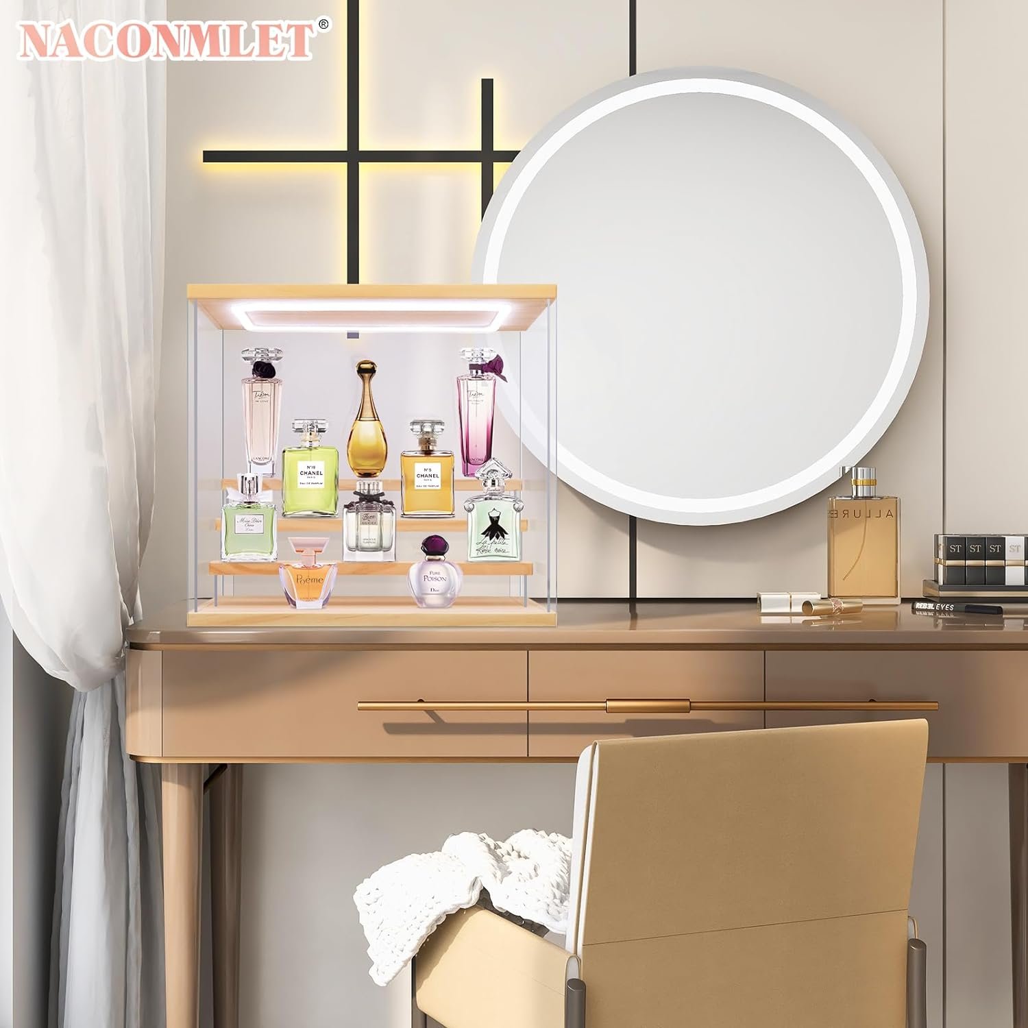 Naconmlet Clear Acrylic Display Case with Light,5 Tiered Stand Display Box for Funko Pop Assembly Dustproof Protection Showcase for Collectibles Action Figures Toys (WxDxH-12.6x11.4x12.6inch)