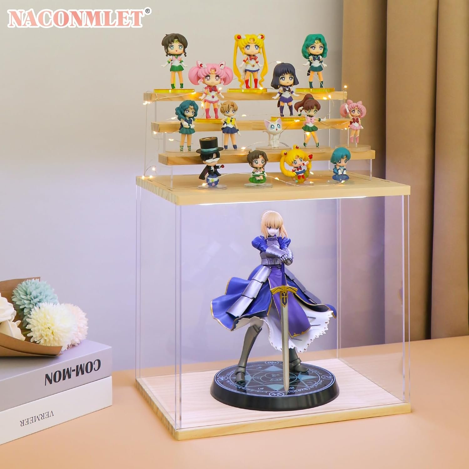 Naconmlet Clear Acrylic Display Case with Light,5 Tiered Stand Display Box for Funko Pop Assembly Dustproof Protection Showcase for Collectibles Action Figures Toys (WxDxH-12.6x11.4x12.6inch)