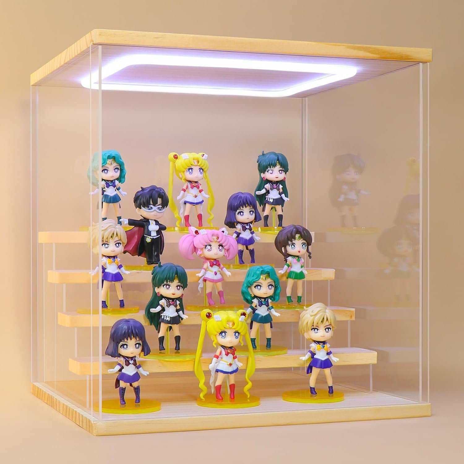 Naconmlet Clear Acrylic Display Case with Light,5 Tiered Stand Display Box for Funko Pop Assembly Dustproof Protection Showcase for Collectibles Action Figures Toys (WxDxH-12.6x11.4x12.6inch)