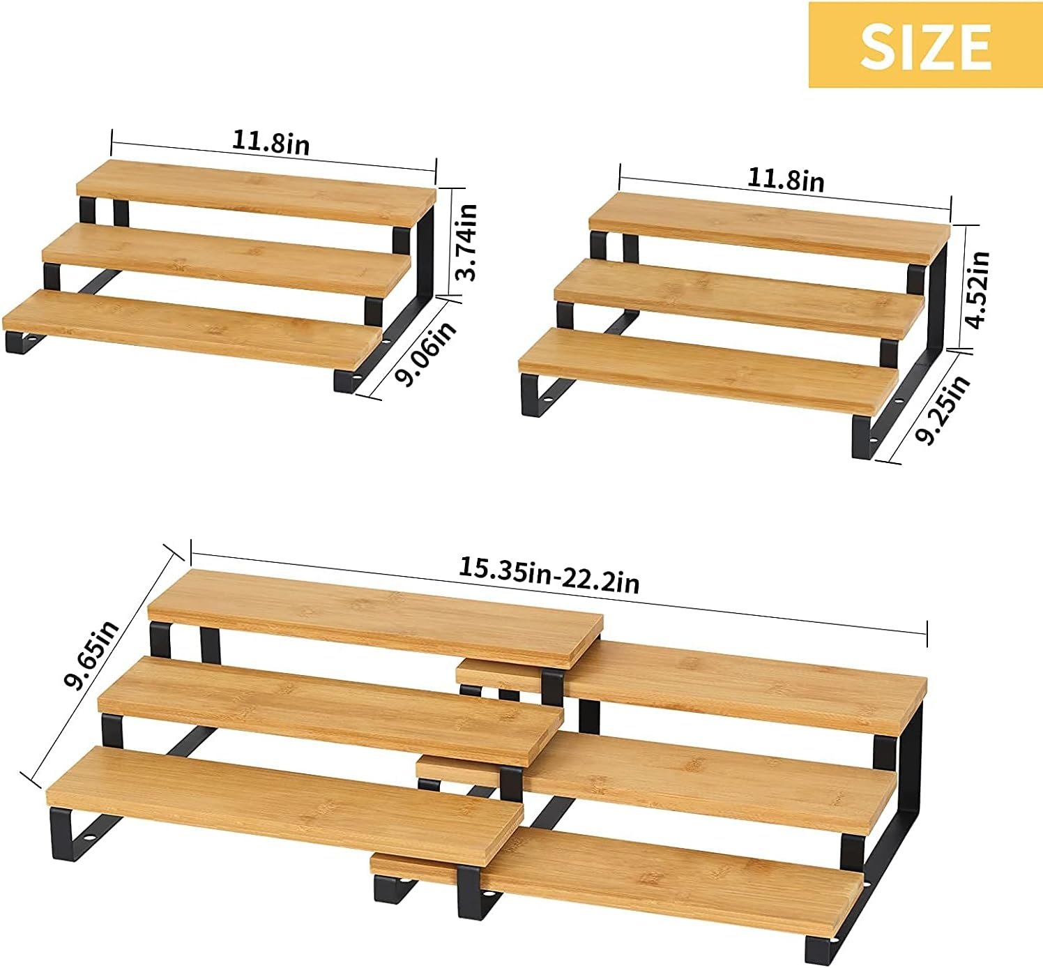 NANANARDOSO 4 Pack Spice Rack Organizer for Cabinet, 3 Tier Extendable Bamboo Spice Rack, Spice Shelf Organizer for Pantry, Countertop, Cupboard.