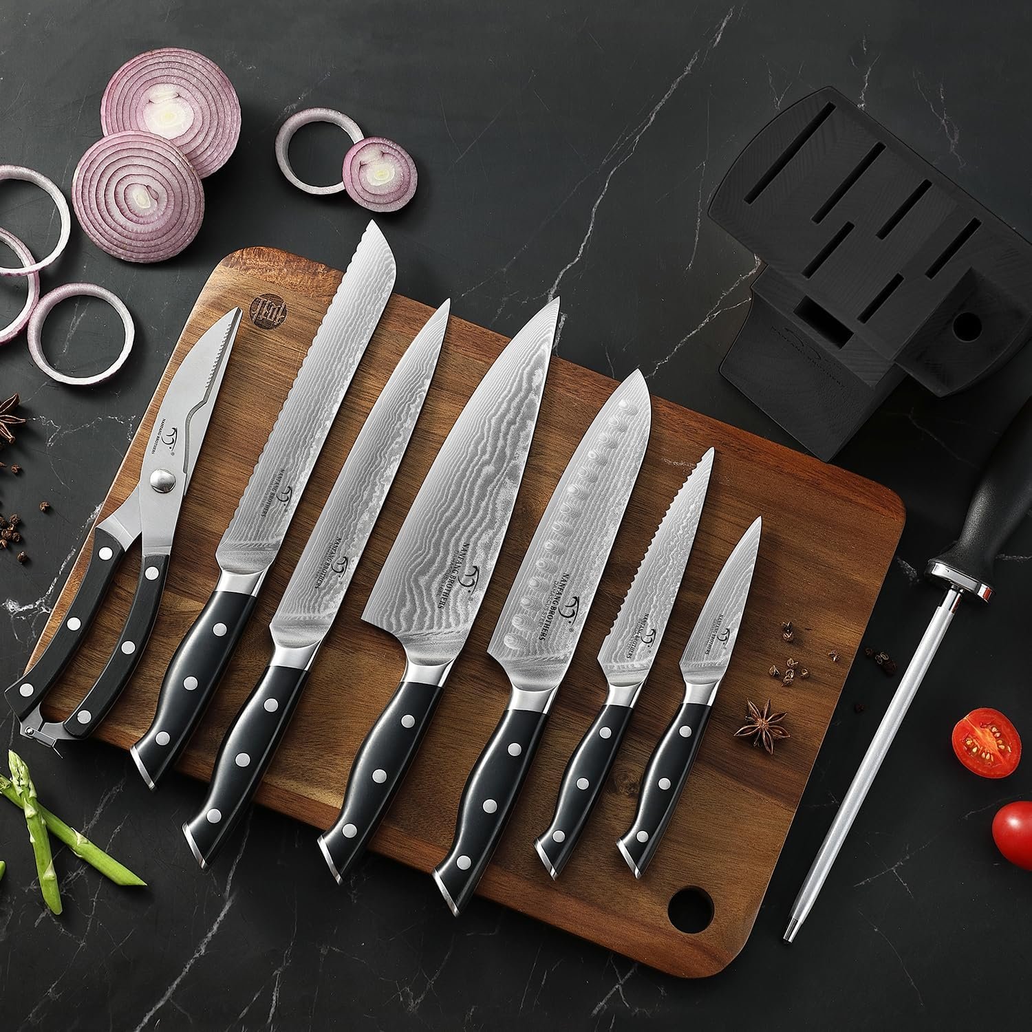 NANFANG BROTHERS Knife Set, 9 Pieces Damascus Kitchen Knife Set with Block, ABS Ergonomic Handle for Chef Knife Set, Knife Sharpener and Kitchen Shears, Knife Block Set