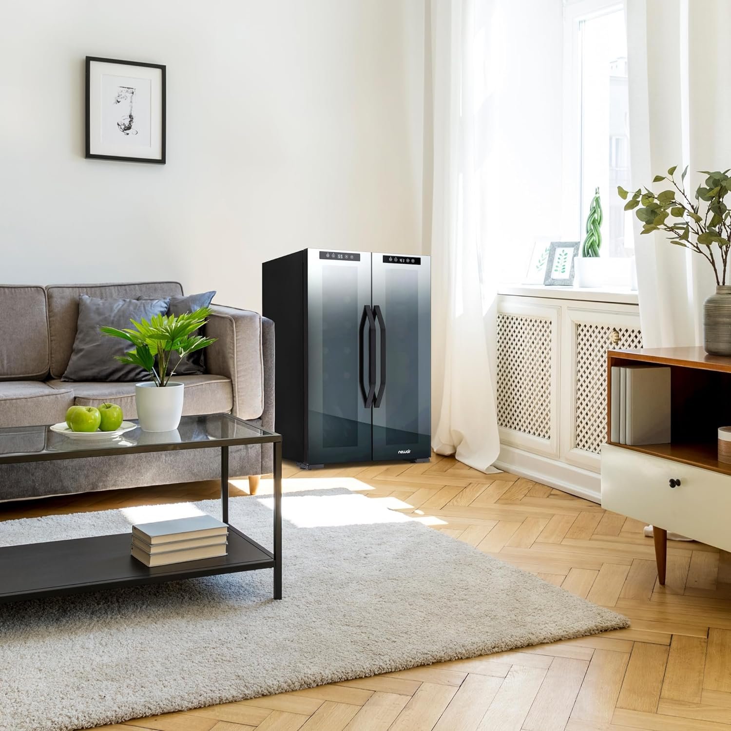 NewAir Shadow Series Wine Cooler Refrigerator 18 Bottles  59 Cans Dual Temperature Zones, Freestanding Mirrored Wine and Beverage Fridge with Double-Layer Tempered Glass Door  Compressor Cooling