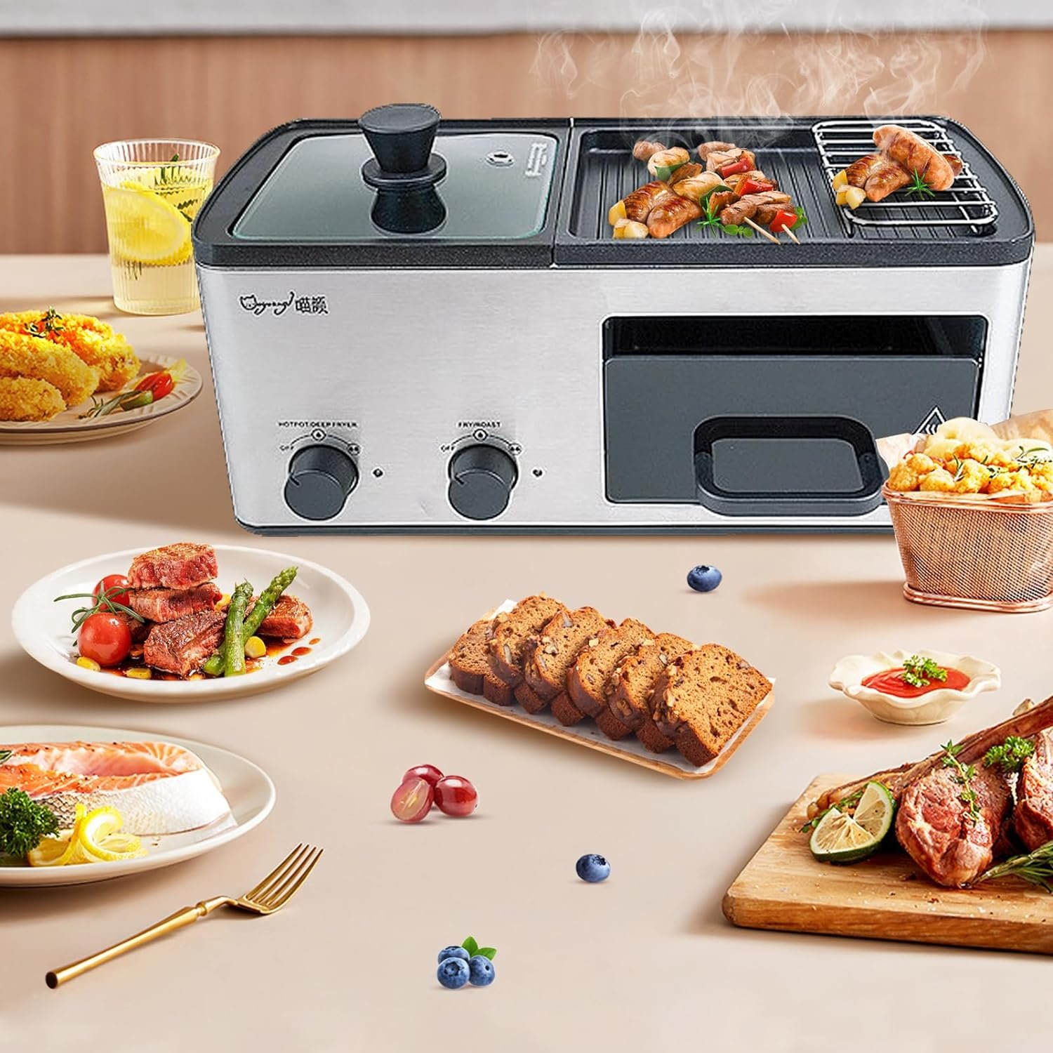 Newest 4 in 1 Hot Pot Electric with Grill and Frying Basket, Independent Dual Temperature Control, Fast Heating for Korean BBQ, Simmer, Boil, Fry, Roast, Silver