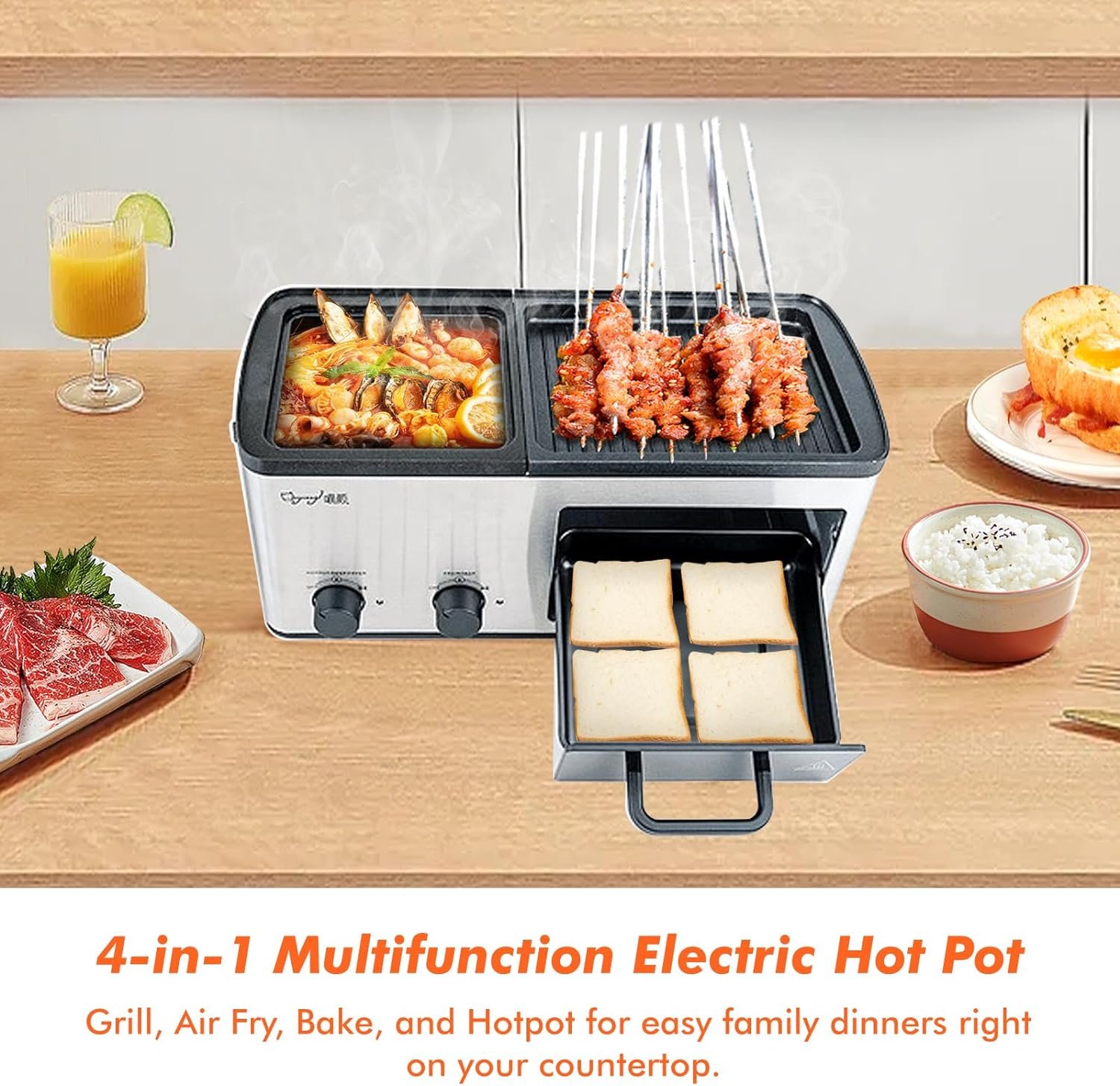 Newest 4 in 1 Hot Pot Electric with Grill and Frying Basket, Independent Dual Temperature Control, Fast Heating for Korean BBQ, Simmer, Boil, Fry, Roast, Silver